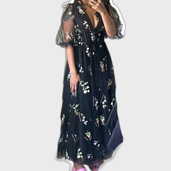 Corset back puff sleeve v-neck tulle tea dress with flower embroidery NTW - Picture 3 of 10